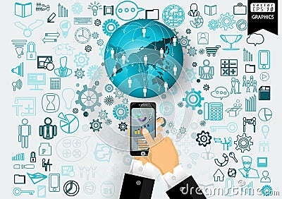 Business Technology Communication modern design Idea and Concept Vector illustration with Hand,Cellphone,icon. Cartoon Illustration